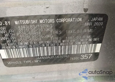 2020 Mitsubishi Outlander Sport 2.0 Be Awc/2.0 Es Awc/2.0 Se Awc/2.0 Sp Awc z USA, uszkodzony, nr VIN JA4AR3AU2LU030542